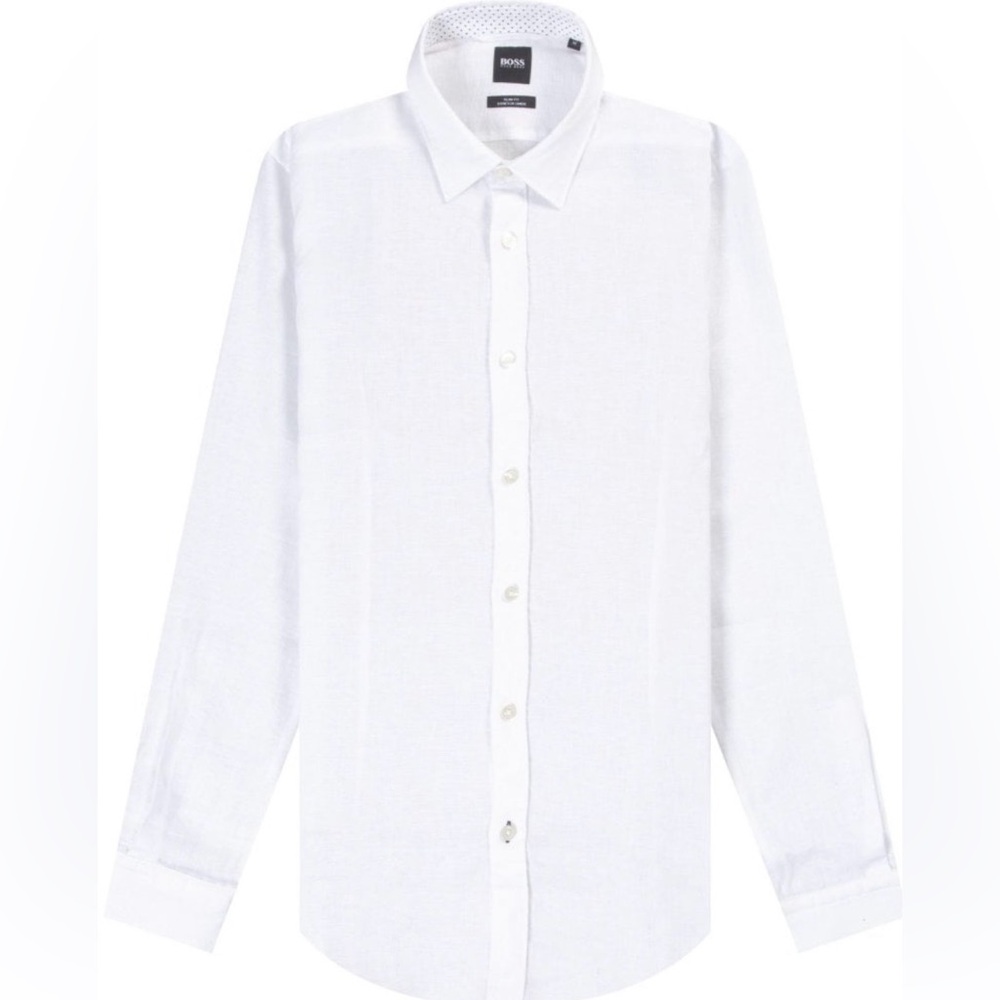 Like NEW Hugo Boss Ronni_53 Slim Fit Stretch Linen Long Sleeve White Shirt XL